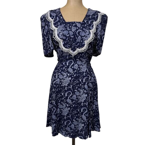 Jessica McClintock Gunne Sax Vintage Blue Floral Lace Collar Mini Dress size 14 - Picture 1 of 10